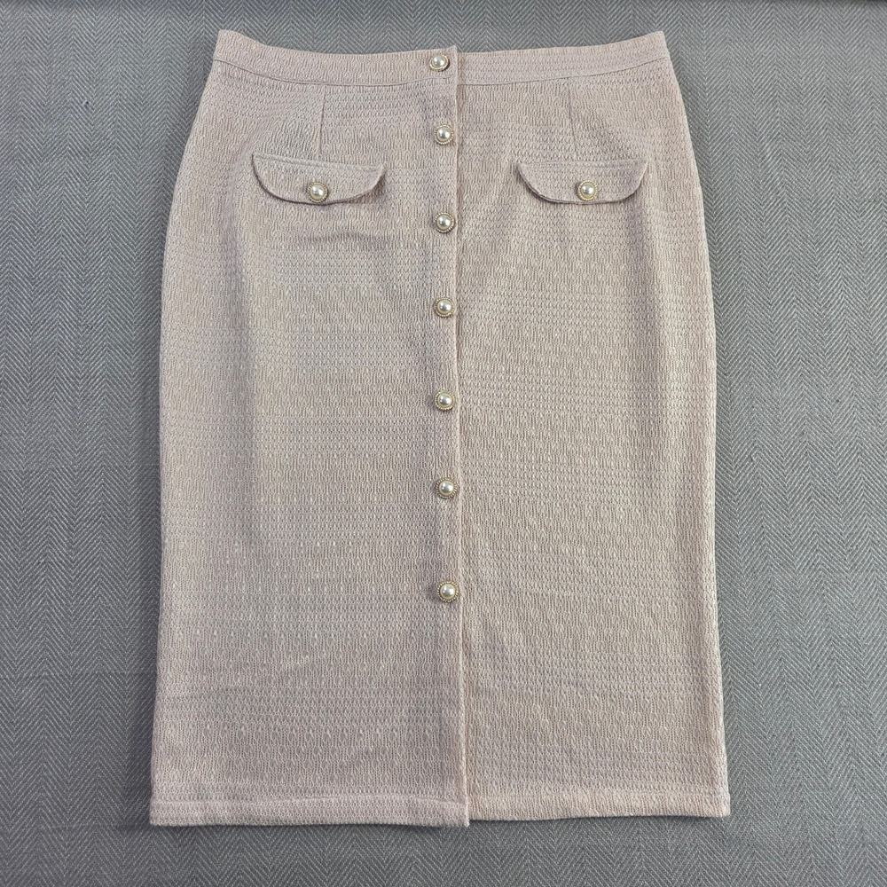 Shein Curve Pink Tweed Knit Midi Skirt Pearl Button Front Plus Size 3XL EUC 32in